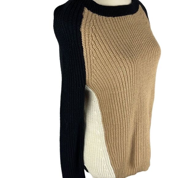 Express Brown black cream color block knit sweater cotton blend sz S crew neck - Picture 2 of 10